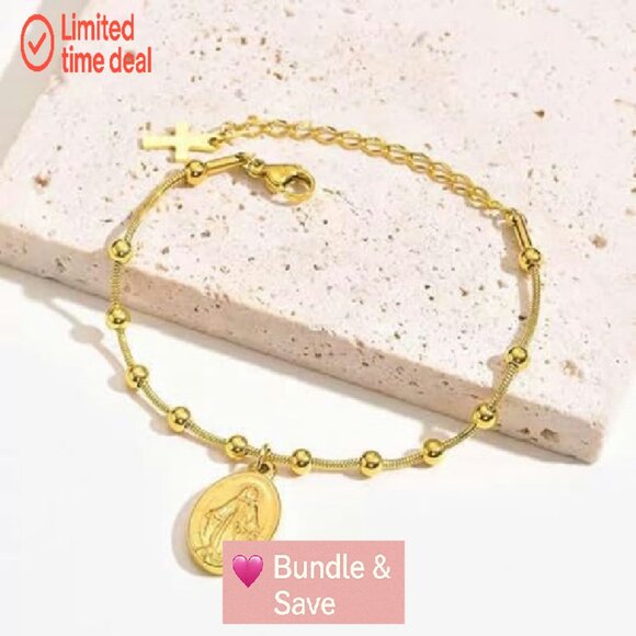 14k Gold Plated Virgin Mary Rosary Bracelet, Adjustable Stainless Steel - Picture 7 of 8